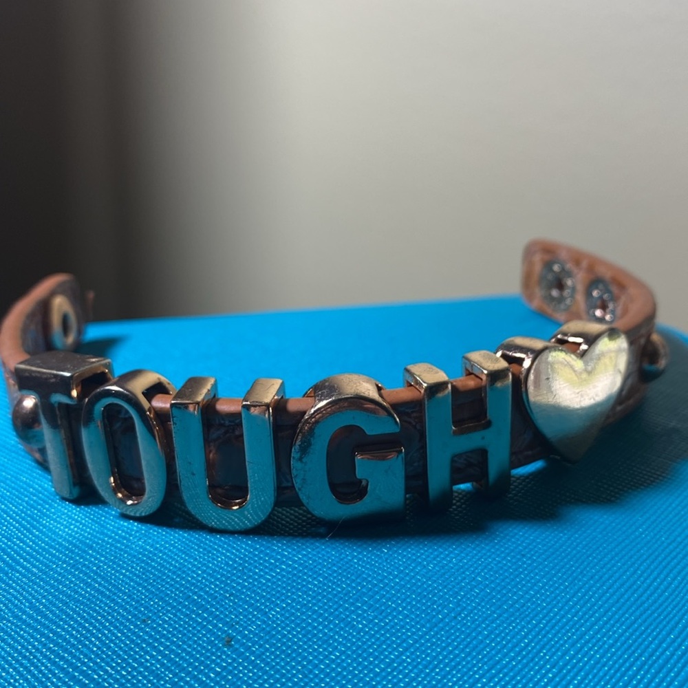 TOUGH LOVE Leather Bracelet with Large Gold Tone Letters Gold Tone Heart 8.5” L